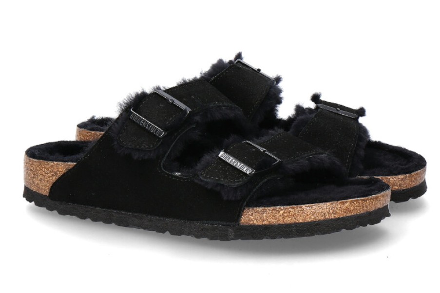 Women scarpa rossa House Slippers | Birkenstock Mules Lined Arizona Schmal Fur Black