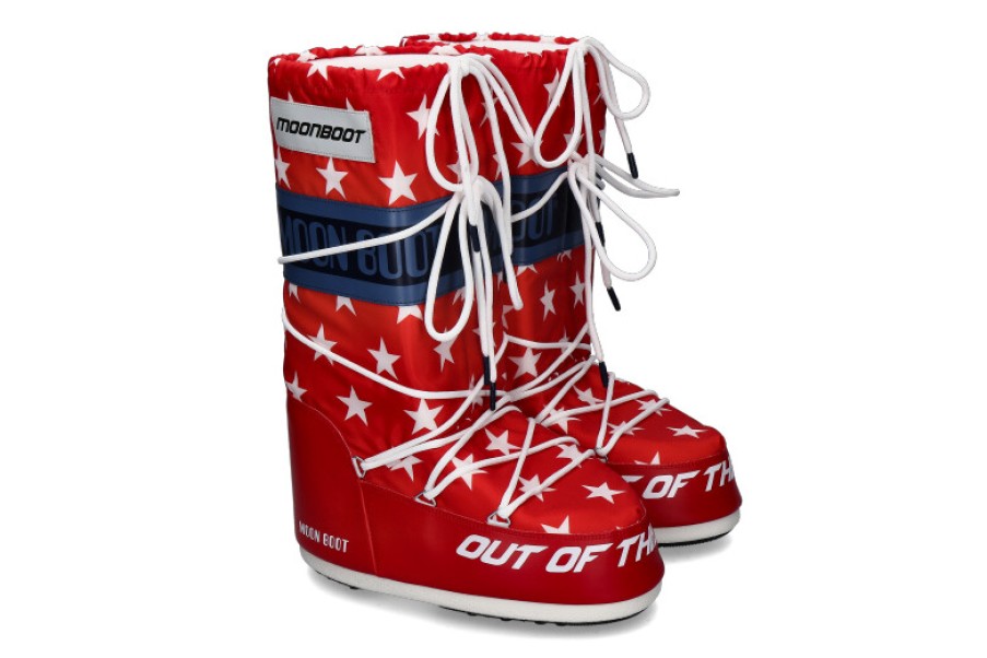 Women scarpa rossa Boots | Moon Boot Snowboot Retrobiker White Stars Print- White/ Red